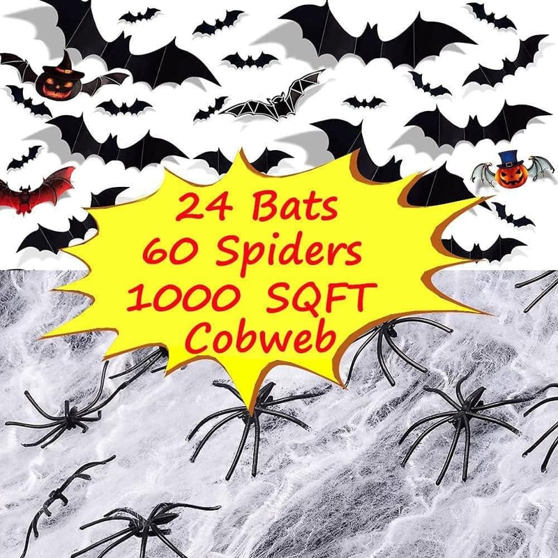 Óriás Halloween Szett: Pókháló, 60 Pók és 24 Denevér - Ijesztő Dekoráció