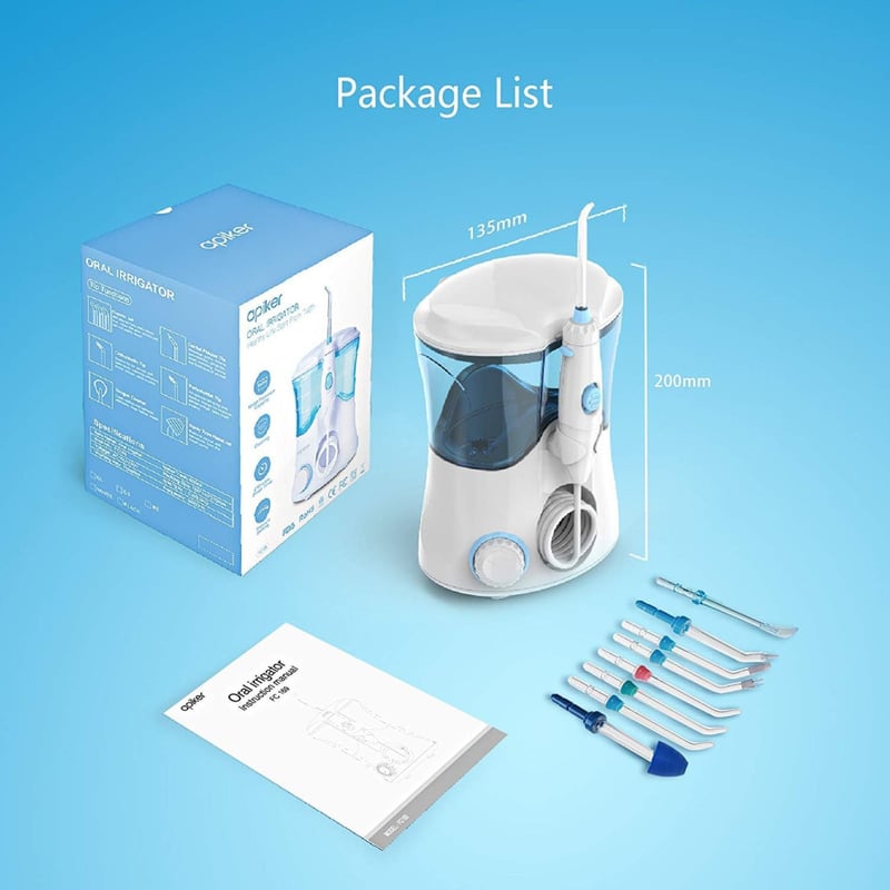 Apiker elektromos szájzuhany 8 fejjel, 10 fokozattal - Fogköztisztító családi utazó készlet (600ml, fehér)