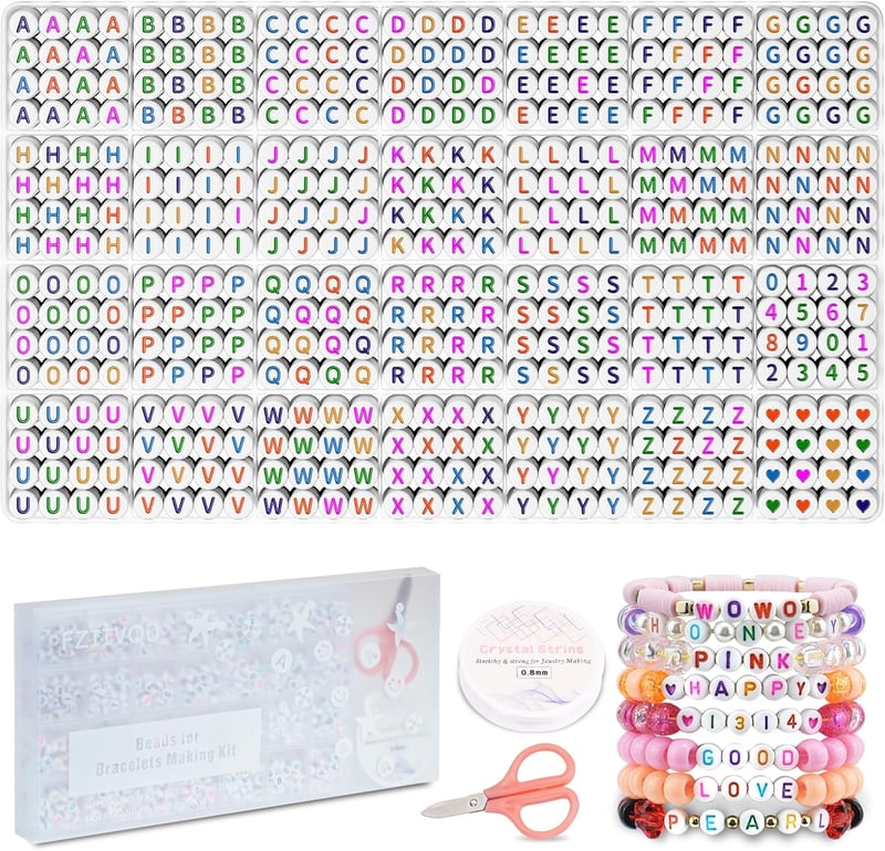 FZIIVQU 1450 db-os színes ABC gyöngy készlet karkötő készítéshez, 4x7 mm-es betűk és számok