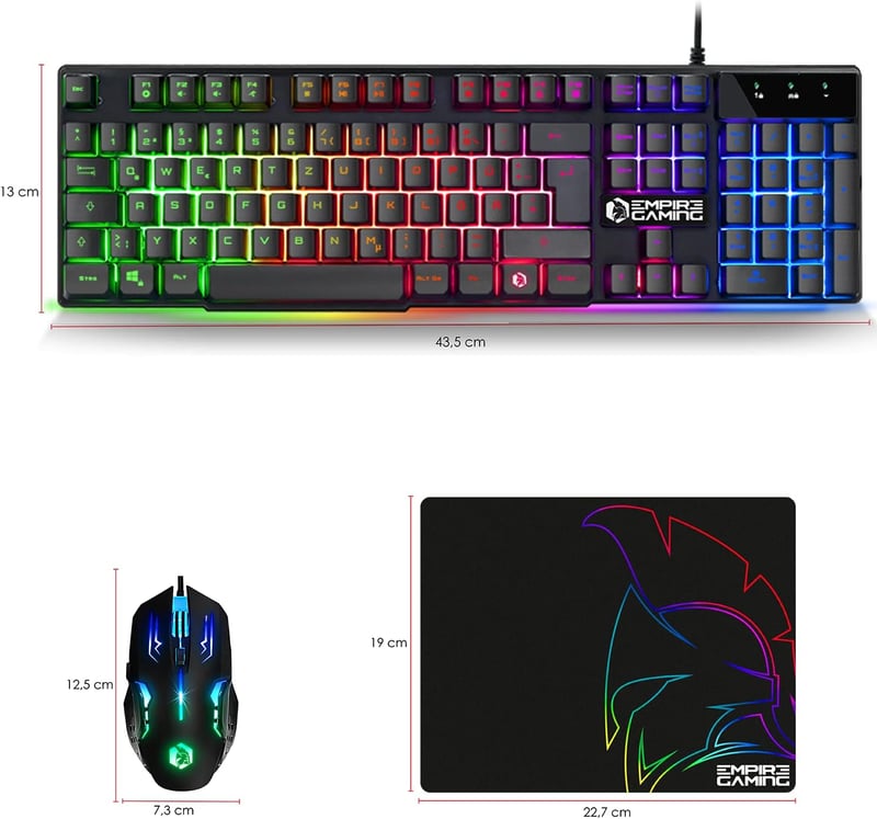 EMPIRE GAMING MK800 3 az 1-ben Gamer Szett - RGB Gamer Billentyűzet QWERTZ Német Kiosztás, Ergonomikus RGB Egér 2400 DPI, Egérpad PC PS4 PS5 - K800 Wired Schwarz