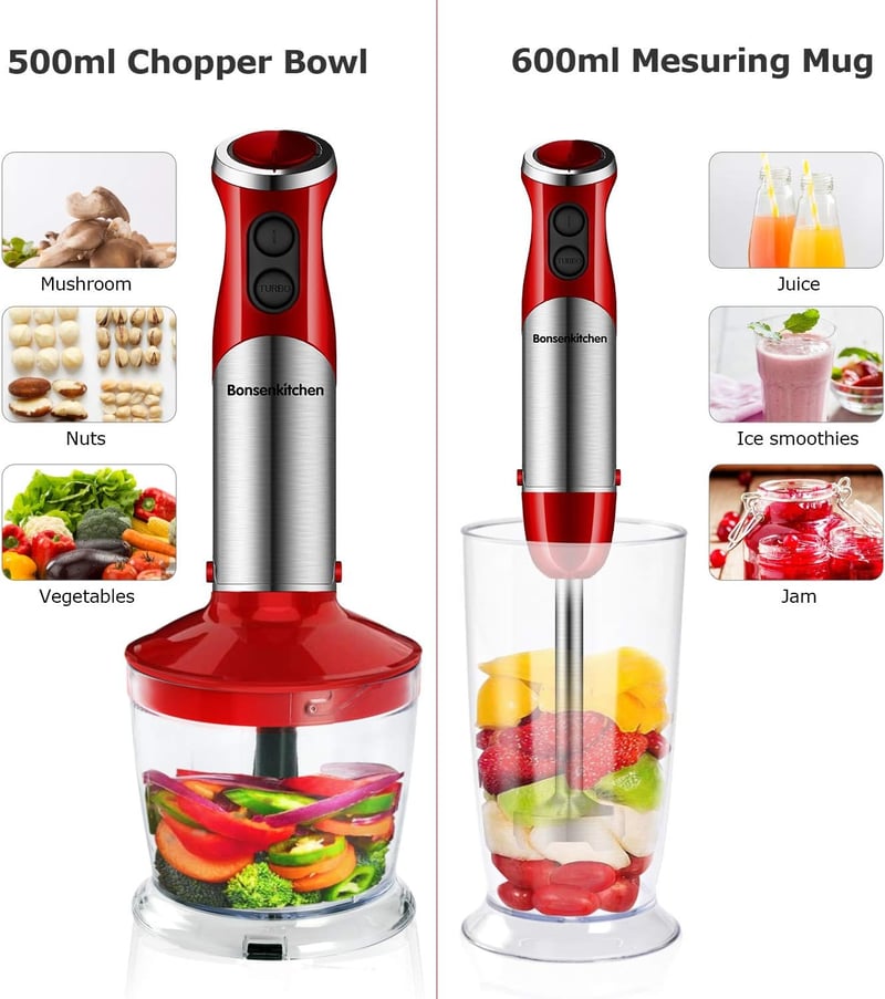 Bonsenkitchen 800W-os 5 az 1-ben botmixer szett, piros, aprítóval és habverővel