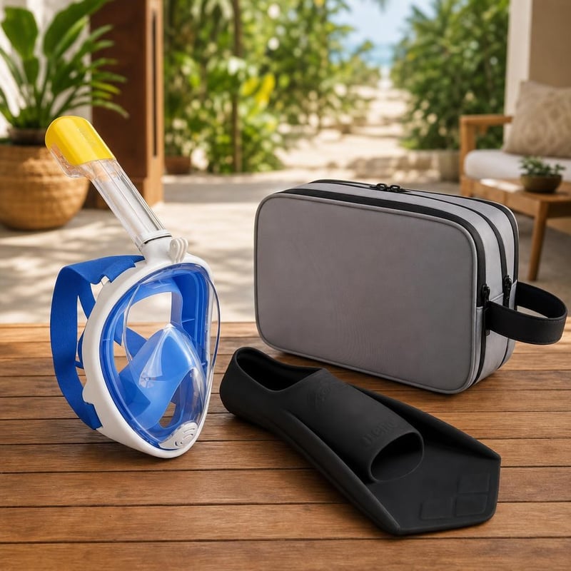 Pachet Aventură Acvatică: mască snorkeling 180° + labe înot + portfard impermeabil