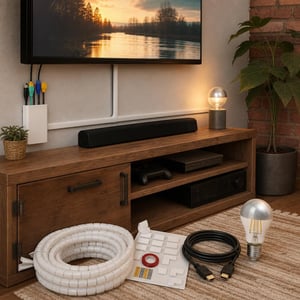 Pachet Organizare TV: 10x canal cablu + organizator spirală + cablu HDMI 5m + bec LED E27