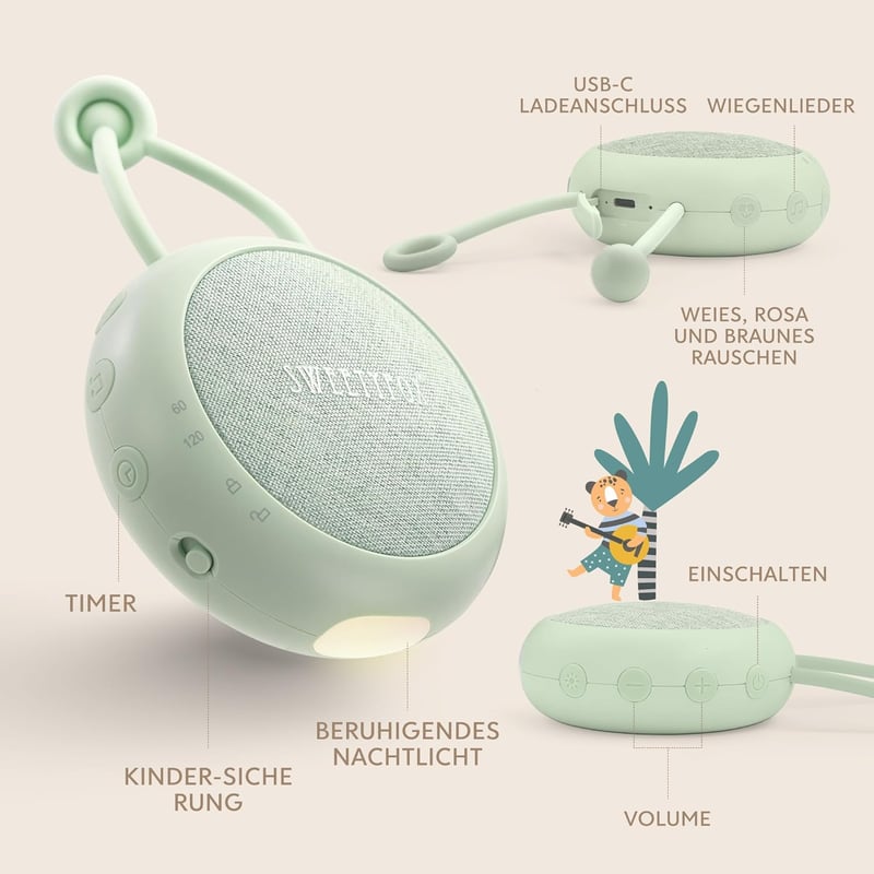Sweety Fox Fehérzaj Készülék Babáknak - Zöld Altatógép 15 Hangmintával, USB Tölthető Éjszakai Fénnyel, Altató Dallamokkal, Alvássegítő