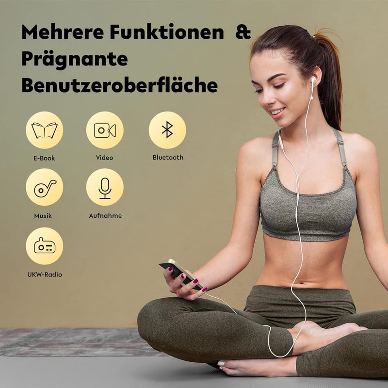 AGPTEK MP3 lejátszó 96GB, Bluetooth 5.3, HiFi hangzás, 2,4" színes kijelző, érintőgombos, fekete-arany