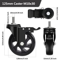 RRIUTO Bútor Görgő 125mm Fékkel - M10x30mm Csavaros Forgókerekek 360° Forgással - 4db Nagy Teherbírású PU Bútorkerék Szett 162,5kg Teherbírá 2