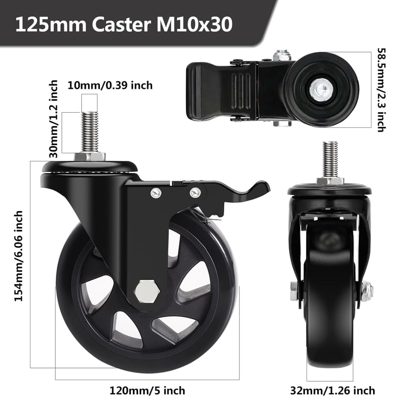 RRIUTO Bútor Görgő 125mm Fékkel - M10x30mm Csavaros Forgókerekek 360° Forgással - 4db Nagy Teherbírású PU Bútorkerék Szett 162,5kg Teherbírá