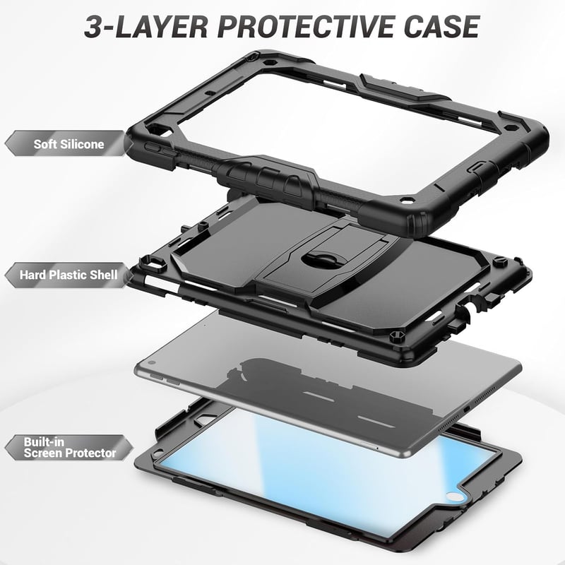 SEYMAC iPad 10,2" ütésálló tok 9./8./7. generációhoz, állvánnyal és ceruzatartóval, fekete