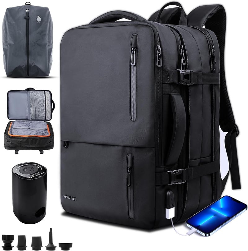 KINGSLONG Bővíthető Laptop Hátizsák 19" - 28-46L Vízlepergető Utazótáska USB Töltőporttal, Repülőgép Fedélzetre Vihető, Vákuumtasakkal és Pu