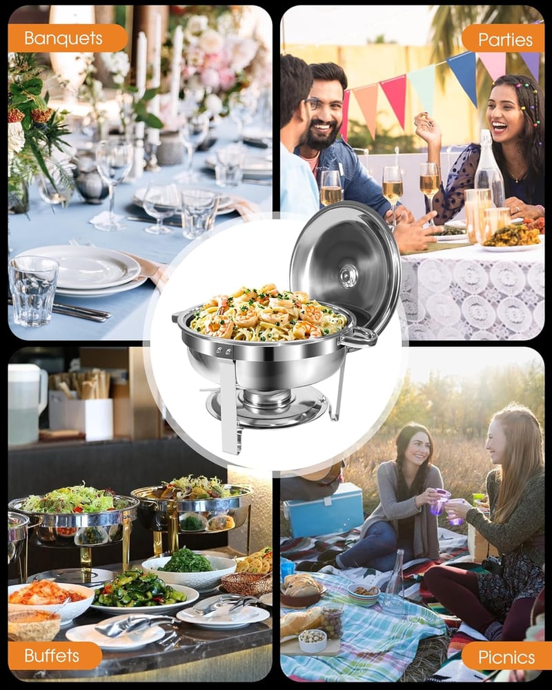 WENMILY Rozsdamentes Acél Ételmelegítő Szett 5L - 2 db Kerek Ezüst Chafing Dish Tálalóedény Gördülő Élekkel - Partikra, Büfékre, Rendezvénye