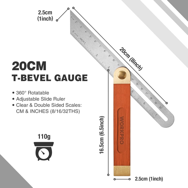 WORKPRO Asztalos Derékszög Készlet - 200mm-es Próbaderékszög és 230mm-es Állítható Szögmérő Keményfa Nyéllel, Rozsdamentes Acél Pengével Bar