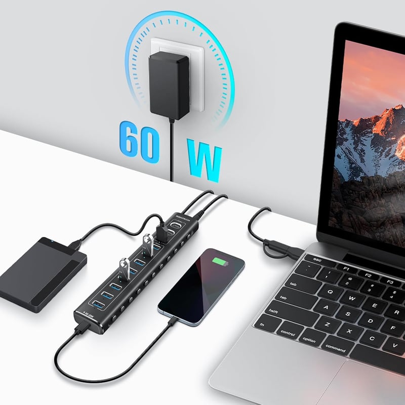 RSHTECH 11-Portos USB C 3.2 Hub Aktív Tápellátással - 60W, 10Gbps Adatátvitel, 3 USB-C és 8 USB-A Port, Alumínium, Fekete - A11PD