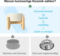 SPUNKYJUNKY Kerámia Emelt Etetőtál Szett Bambusz Állvánnyal - Macskáknak és Kutyáknak - 400 ml Űrtartalmú Tálak, Bézs Színben 3