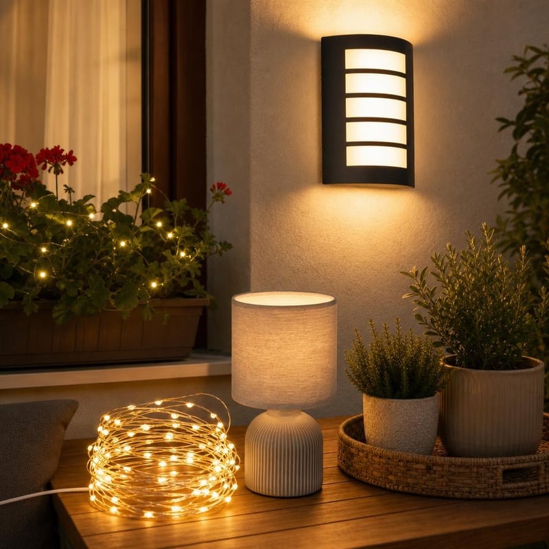 Set za večernji ugođaj: 5m 50 LED lampica + stolna lampa + 12W vanjska zidna svjetiljka