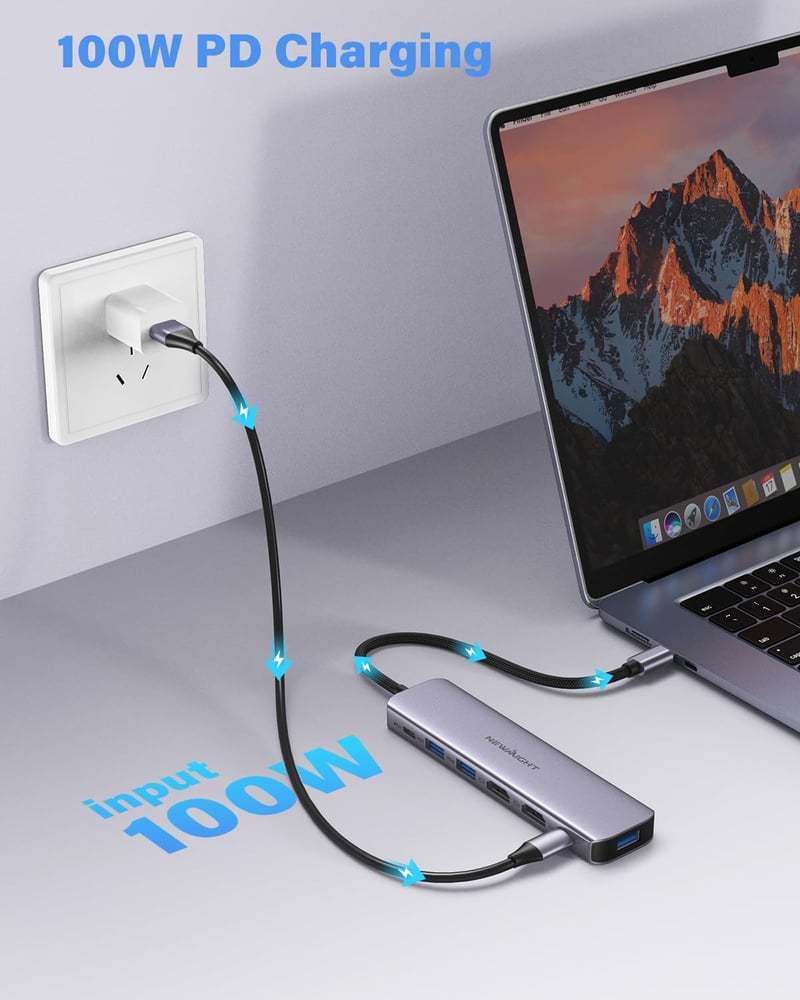 Newmight 7 az 1-ben USB-C Dokkoló Állomás Kettős Monitor Támogatással - 2 HDMI, 3 USB 3.0, 100W PD - Dell, HP, iPhone 15 Kompatibilis
