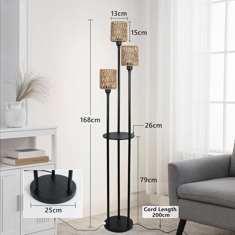 Rayofly Rattan Állólámpa Polccal - Boho Vintage Fekete Fém Talp, 3 Izzós Természetes Barna Lámpaernyő, Lábkapcsoló, 168 cm, Nappali, Hálószo