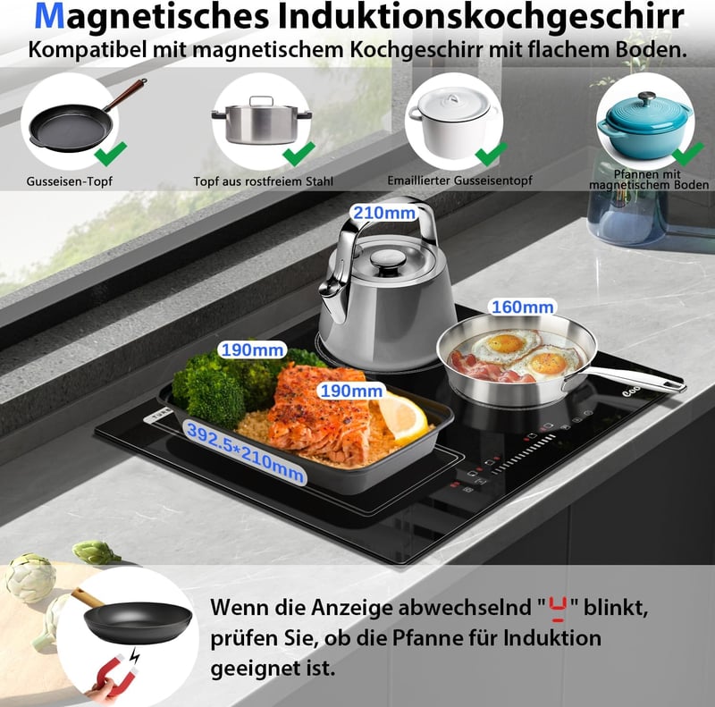 Cooksir 4 zónás indukciós főzőlap 3500W, kombinált grillzónával, 59 cm-es, dugós csatlakozással, érintőszenzoros vezérléssel, fekete üvegker