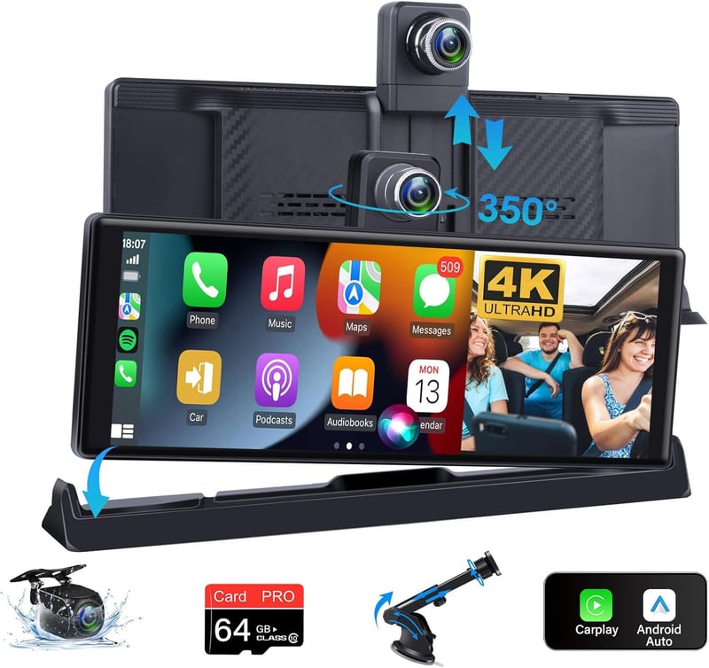 4K Carplay Autós Kijelző 10,26" 350° Forgatható Műszerfal Kamera, Android Kompatibilis, Bluetooth, Mirror Link, Siri, Google, 64GB TF Kártya