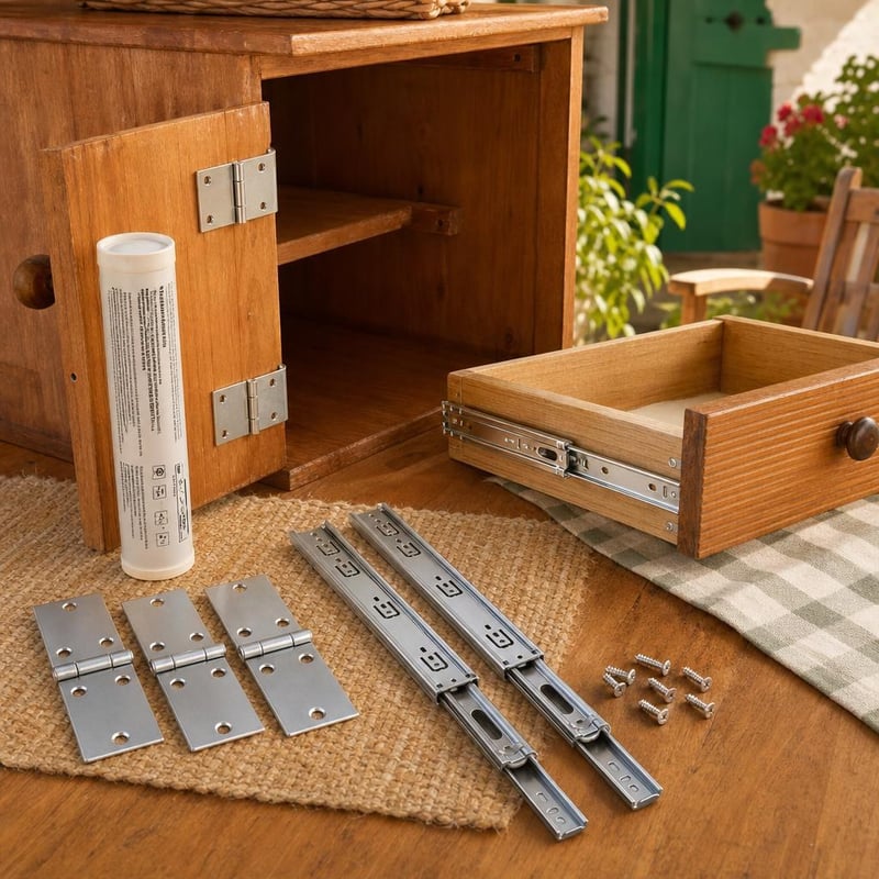 Kit renovare mobilier: 4 balamale + 1 pereche șine sertar + spray lubrifiant