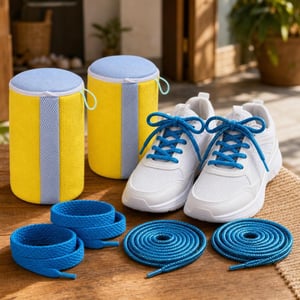 Sneaker Care balík: 2x trblietavé šnúrky + 2x modré ploché šnúrky + 2x sieťka na pranie tenisiek