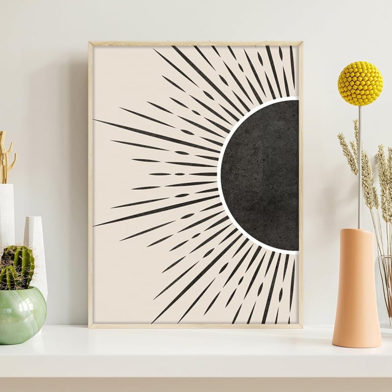 Nap és Hold Boho Fakeretes Kép - Absztrakt Fekete Vonalak Bézs Geometriai Mintával, Modern Nordikus Fali Dekoráció Nappaliba, Há