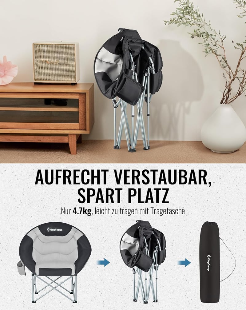KingCamp Összecsukható Hold Alakú Kempingszék Háttámlával, Italtartóval és Hátsó Zsebbel - 150 kg Teherbírás, Fekete/Szürke