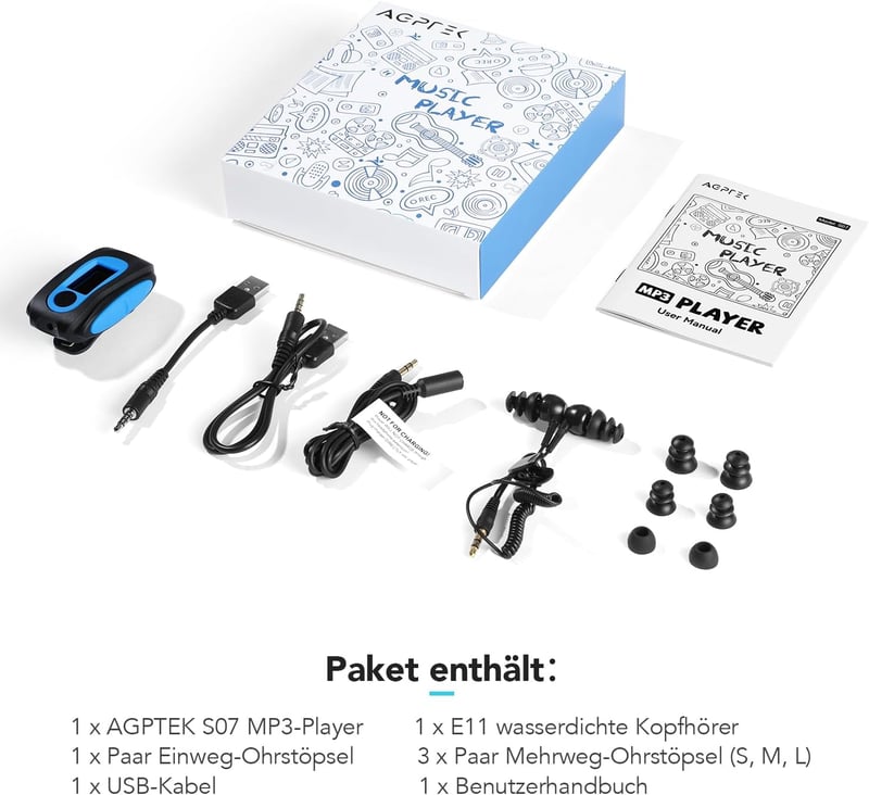 AGPTEK Bluetooth Mini Clip MP3 Lejátszó - Hordozható Zenelejátszó FM Rádióval, 64GB Micro SD Kártyával, Sportoláshoz Ideális - black