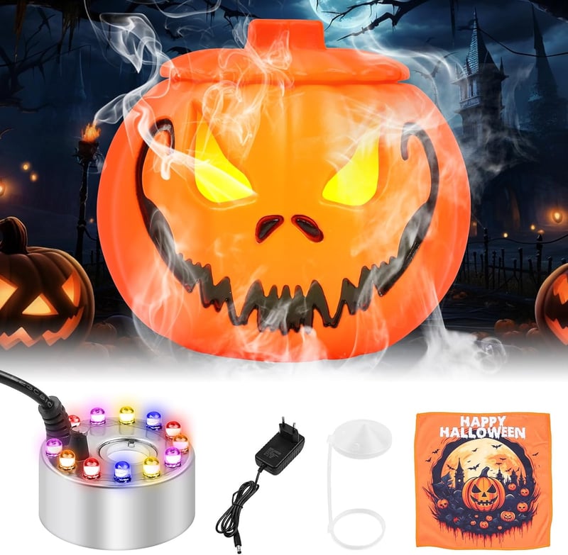 MaxEarn 12 LED-es Ködgenerátor - Háromszínű Halloween Tök Párásító, Ultrahangos Ködképző Fröccsenésgátlóval, Kerti Tó Szökőkút Dekoráció
