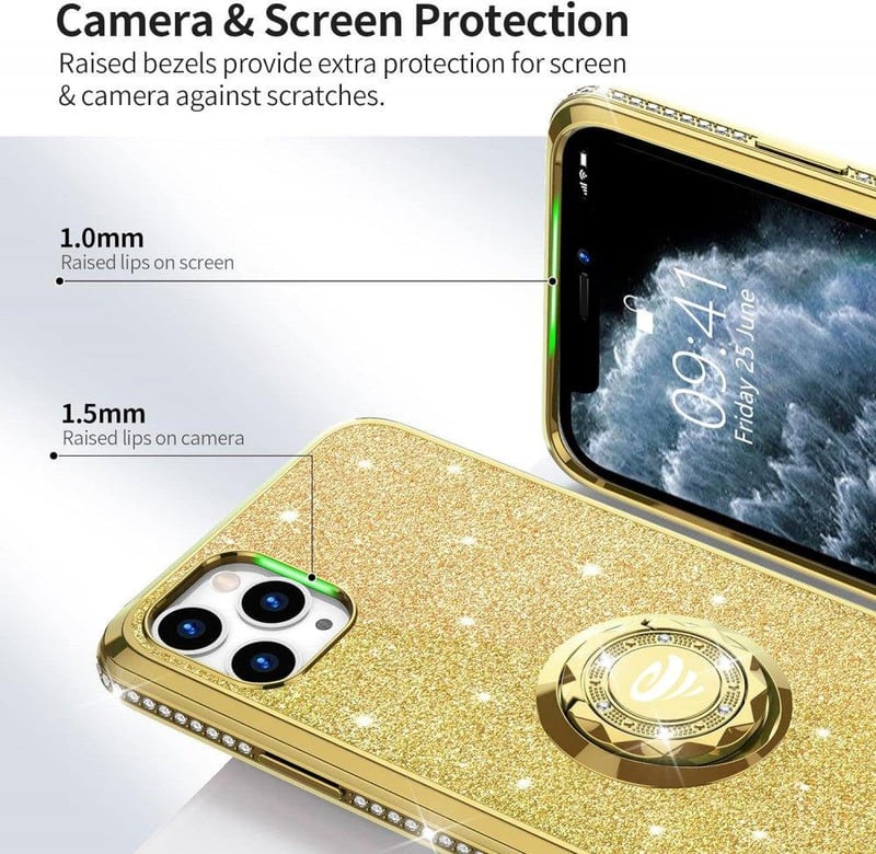 iPhone 11 Pro Max Arany Glitteres Gyűrűs Védőtok - Ütésálló és Csillogó
