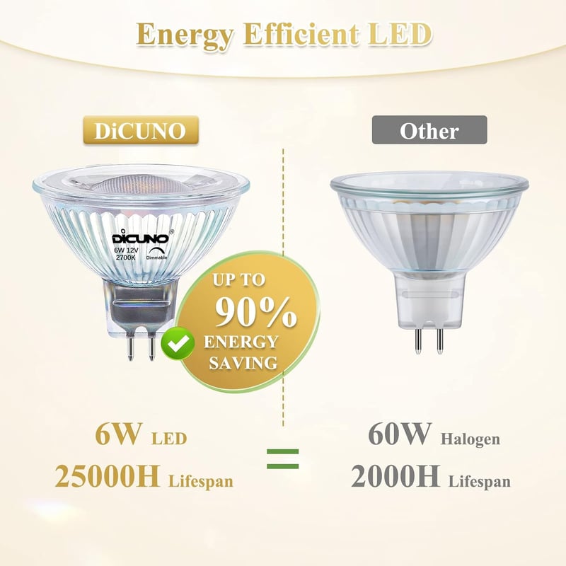 DiCUNO GU5.3 LED Izzó 6W - Dimmelhető MR16 Spotlámpa, 4000K Természetes Fehér, 440lm, 12V, 60W Halogén Helyettesítő, 40° Szórási Szög, 10 Da
