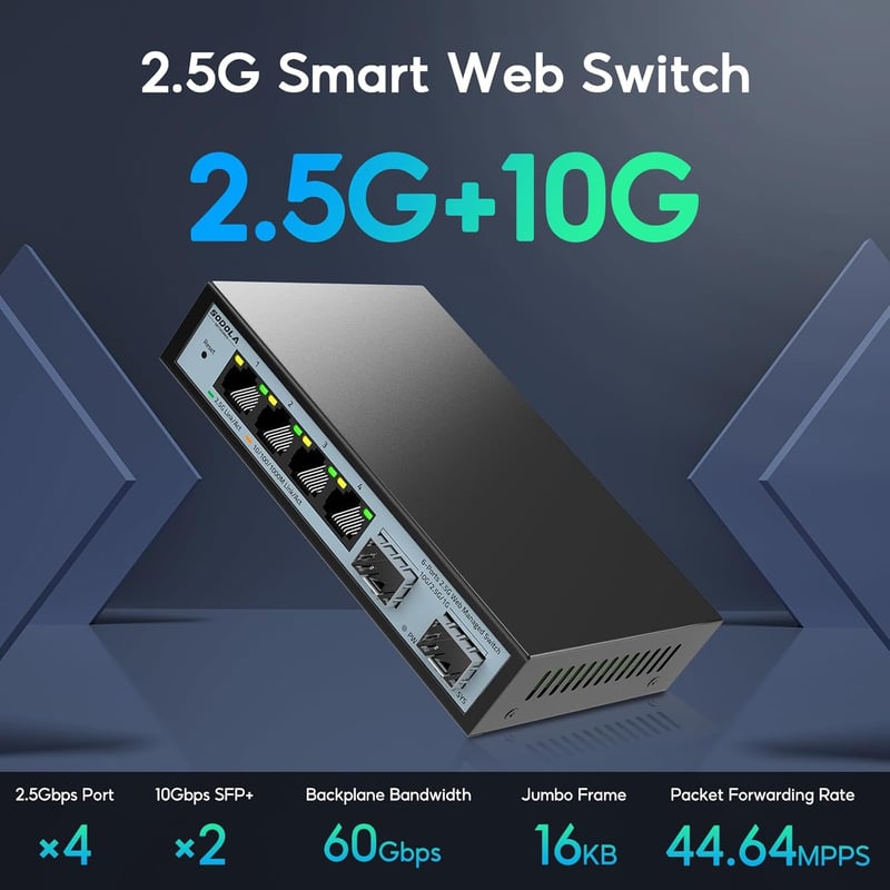SODOLA 2.5G Webes Menedzselhető Switch - 4 x 2.5G RJ45 + 2 x 10G SFP+ Port, 60Gbps Sávszélesség, VLAN/QoS Támogatás, Fém Ház, Hálózati Kapcs