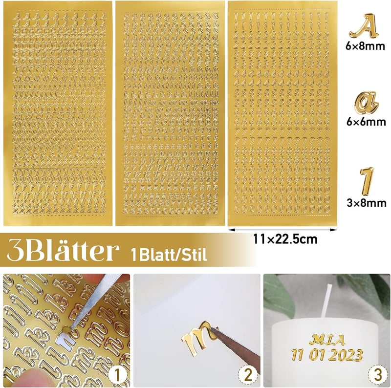 BOFUNX Arany Gyertyamatrica Szett Elsőáldozásra és Keresztelőre - 2 Tetoválás + 3 Betű- és Számmatrica