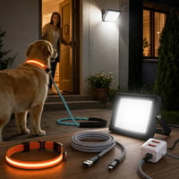 Kutyaséta fénycsomag: LED nyakörv + kültéri reflektor + fényvisszaverő póráz + USB-kábel 1