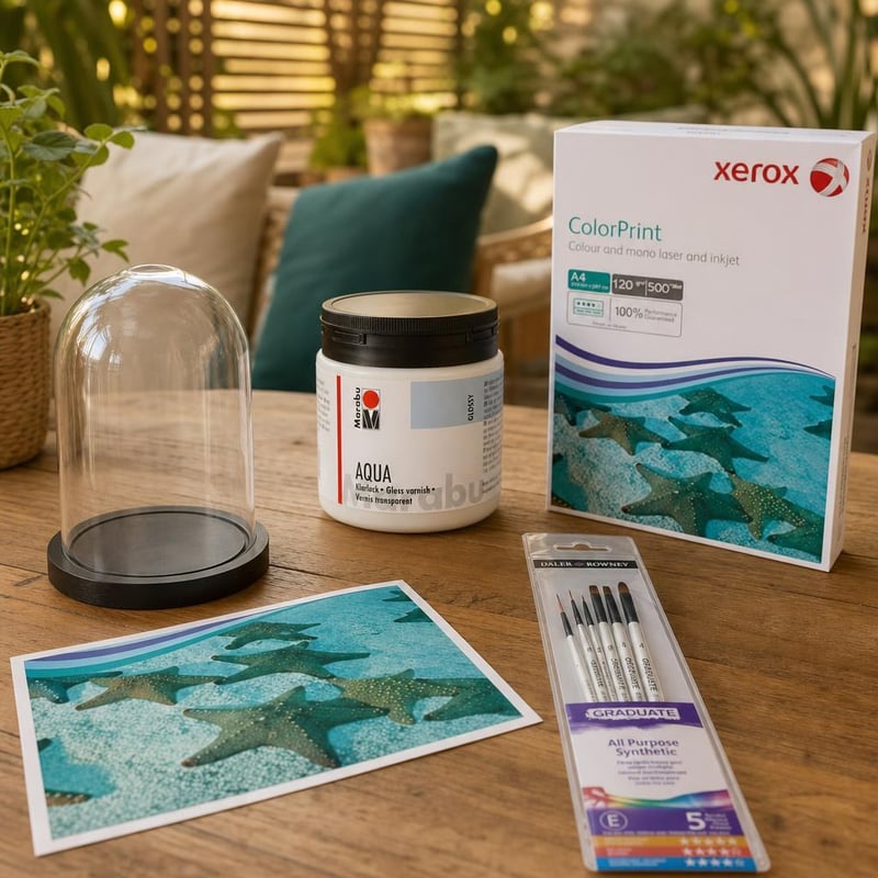 Sada na foto transfer: lak 500ml + 500x A4 papier + 5x štetec + sklenená kupola