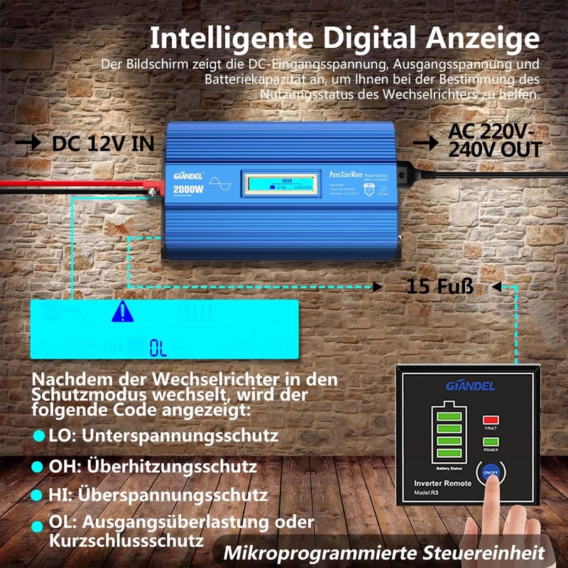 GIANDEL 2000W Színuszos Inverter 12V-230V - Feszültségátalakító Dupla USB Porttal, LCD Kijelzővel és Távirányítóval Lakóautókhoz