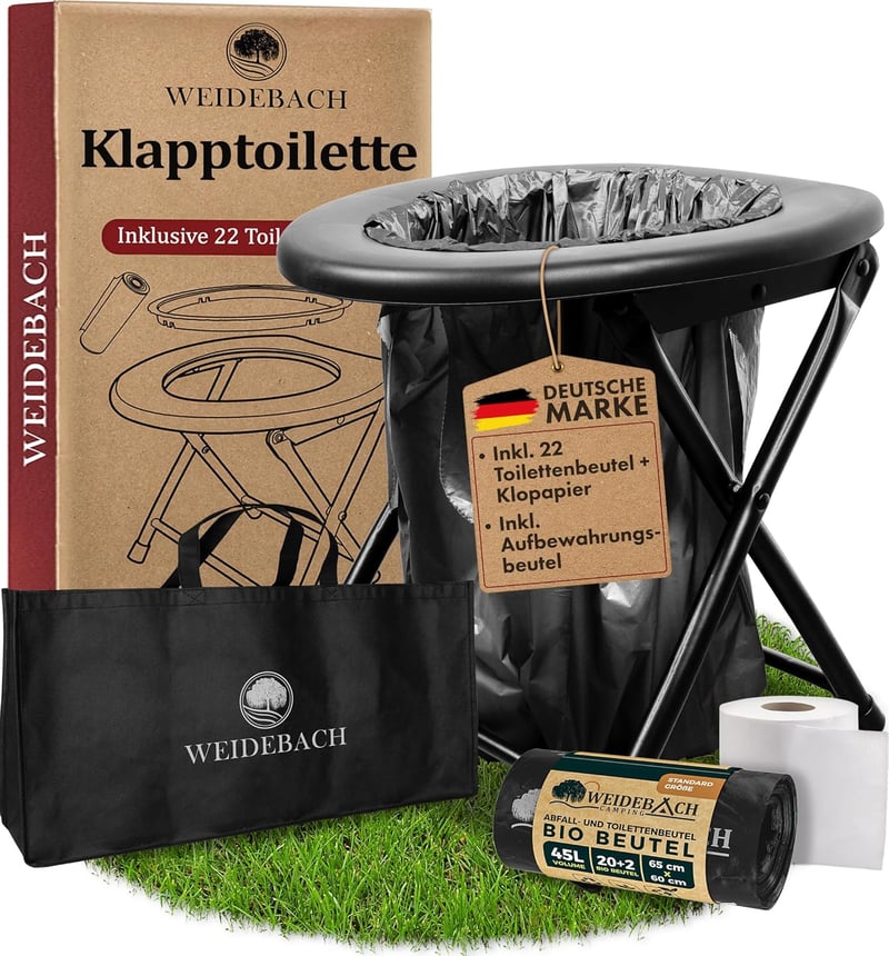 WEIDEBACH Hordozható Kemping WC - Összecsukható, Könnyű, 22 Zacskóval