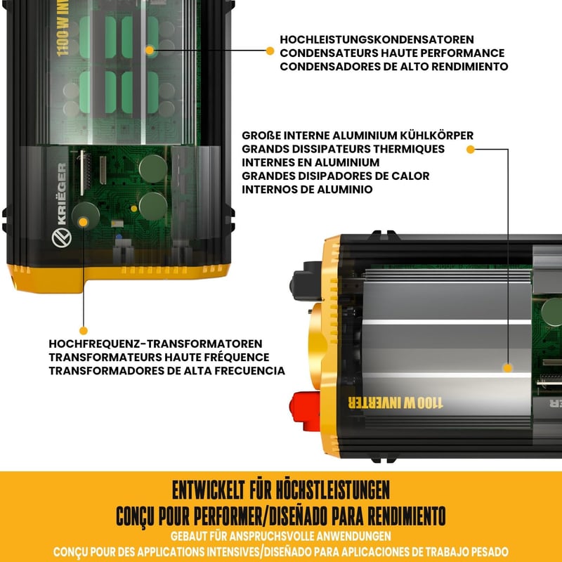 Krieger 1100W Feszültségátalakító - 12V-230V Inverter Autóba, Kempingezéshez, LCD Kijelzővel, 2 USB Porttal és EU Csatlakozóval