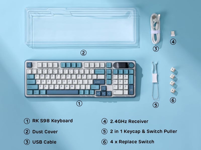 RK ROYAL KLUDGE S98 Mechanikus Billentyűzet Okos Kijelzővel, 96% Vezeték Nélküli, Bluetooth/2.4G/USB-C, Hot-Swap, 98 Gombos, Égkék - Linearer Creme Schalter, sky blue