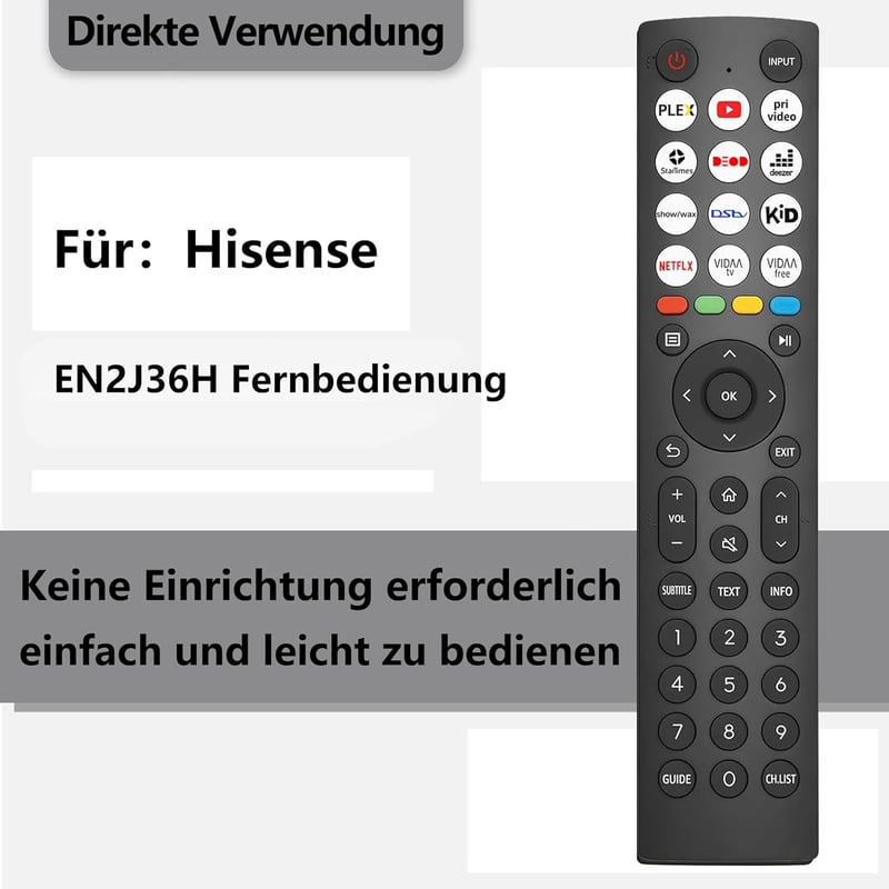 FOXRMT Távirányító Hisense Vidda UHD Smart 4K TV-hez - 12 Gyorsgombbal, Programozás Nélküli Használat, 8m Hatótáv, ERF2J36H Modell
