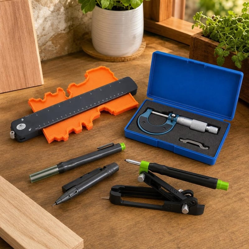 Set atelier de precizie: 1x șablon contur 250mm + 1x micrometru exterior + 1x marker găuri adânci