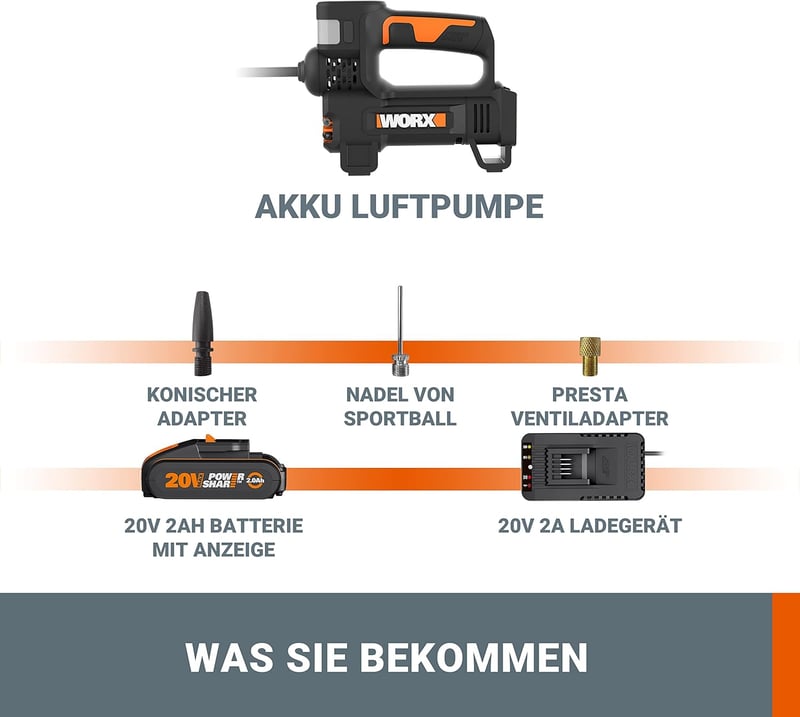 WORX PowerShare WX092 Akkumulátoros Kompresszor 10 Bar Nyomással, LED Világítással, SOS Vészfénnyel, Digitális Nyomásmérővel, Autógumi