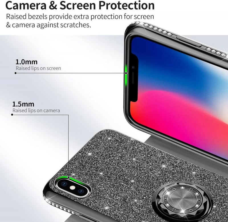 Apple iPhone X/XS Csillogó Fekete Gyűrűs Védőtok Glitterrel
