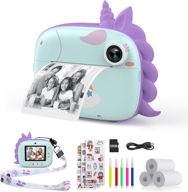 HiMont Gyermek Instant Fényképezőgép - 20MP Digitális Kamera Nyomtatóval, 32GB Kártyával, 1080P Videó, Színes Filcekkel, 3-14 Éves Gyerekekn