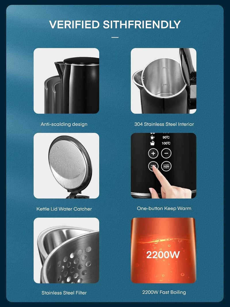 FOHERE Dupla falú vízforraló hőmérséklet-szabályozással, LCD kijelzővel, 1.7L, fekete