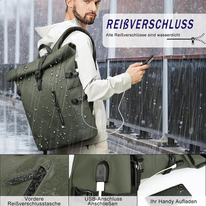 hk Rolltop Vízálló Hátizsák 27L - 15,6" Laptoptartóval, USB Porttal, Lopásbiztos Kialakítás, Unisex Városi Táska Egyetemre, Utazáshoz, Zöld