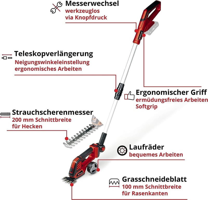Einhell Akkumulátoros fű- és bokornyíró GE-CG 18/100 Li T-Solo Power X-Change - 18V, 10cm vágásszélesség, 20cm vágáshossz, teleszkópos nyéll