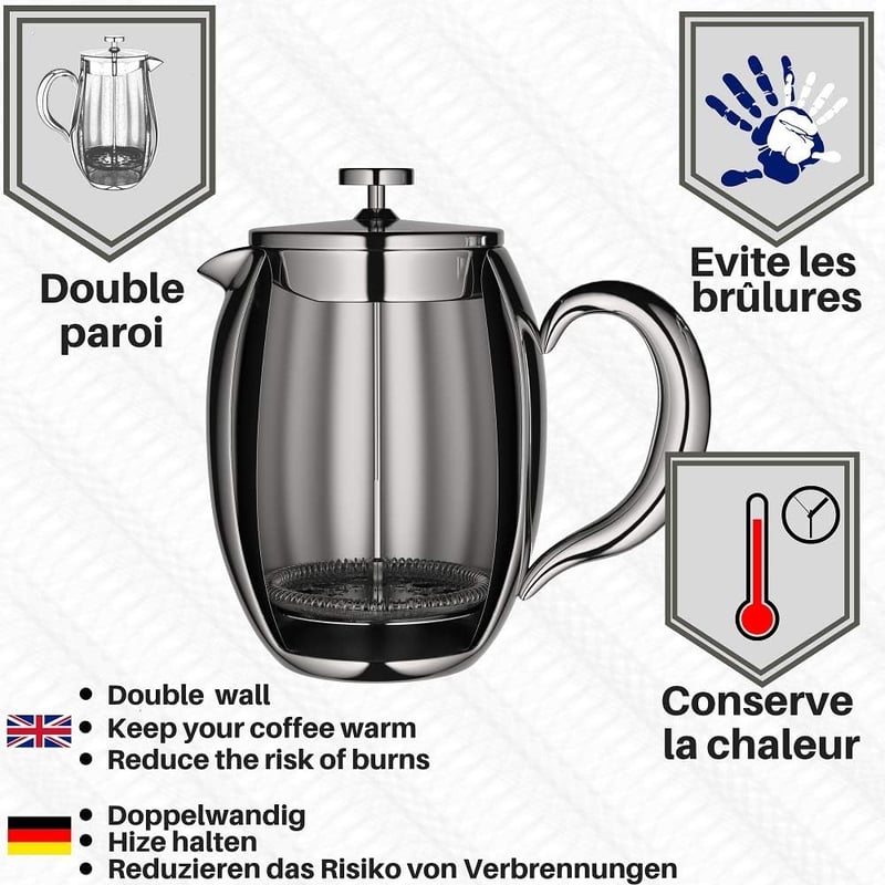 VeoHome Duplafalú Francia Kávéprés - Törhetetlen, 0,75L, Melegen Tartó