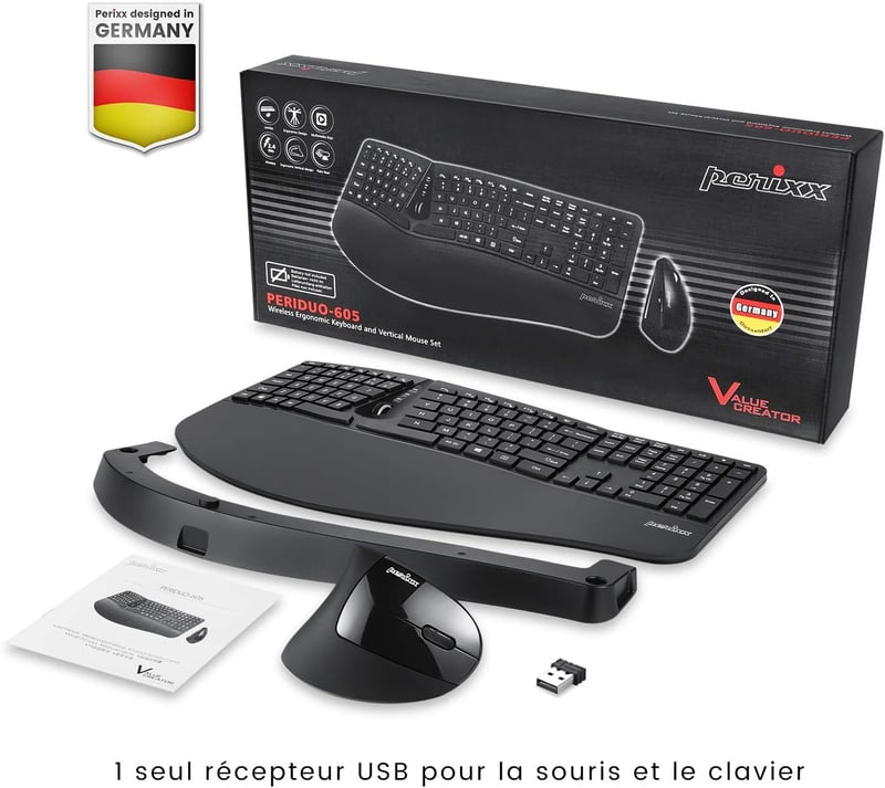 Perixx Periduo-605 Ergonomikus Vezeték Nélküli Billentyűzet és Egér Szett - Függőleges Egér Dönthető Görgővel, Állítható Csuklótámasszal, Wi