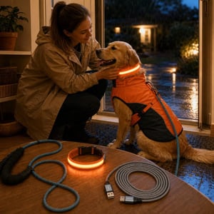Set za kišne šetnje: vodootporni kaputić + LED ogrlica + reflektirajući povodac + micro USB kabel