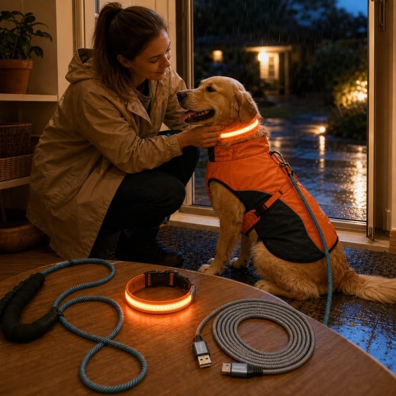 Pachet plimbare pe ploaie: haină impermeabilă + zgardă LED USB + lesă reflectorizantă + cablu micro USB